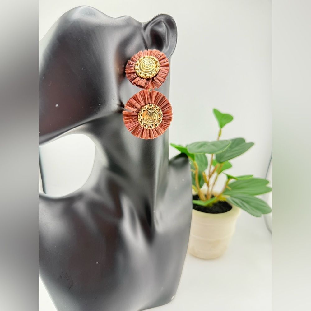 Boho Double Disc Statement Earrings — Warm Terracotta & Gold - Picture 3 of 6